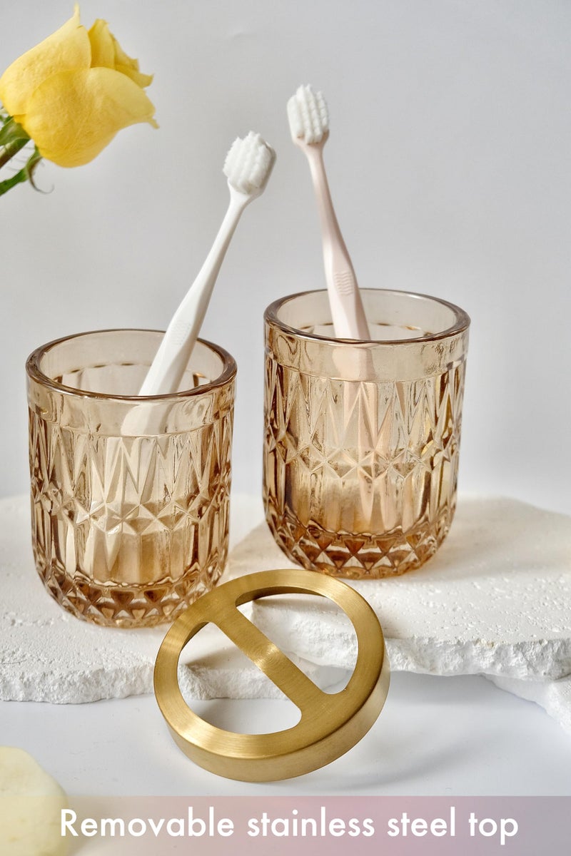LaMarriti Brown Bathroom Accessories Set  5Pcs Clear Glass Bathroom Accessories  Lotion Soap Dispenser  Toothbrush Holder Set  Soap Dish  Qtip Holder  Tumbler  Vintage Bathroom Set  Vanity Organizer - Image 5